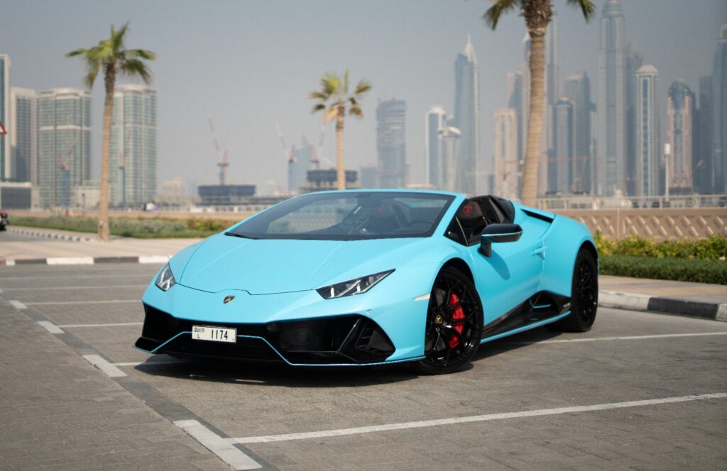 Blue Lamborghini Huracán EVO Spyder 2024 rental in Dubai – Luxeridez