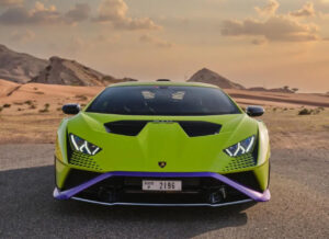 Lamborghini Huracán STO 2023 green front view in Dubai desert