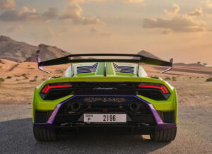 Lamborghini Huracán STO 2023 green front view in Dubai desert