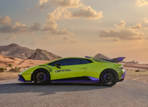 Lamborghini Huracán STO 2023 green front view in Dubai desert