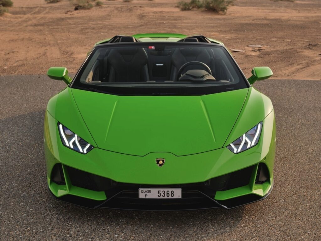 Green Lamborghini Huracán EVO Spyder 2024 rental in Dubai – Luxeridez