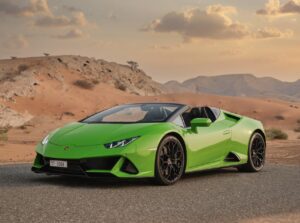 Green Lamborghini Huracán EVO Spyder 2024 rental in Dubai – Luxeridez