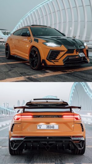 Orange and black Lamborghini Urus 2024 on Sheikh Zayed Bridge Dubai